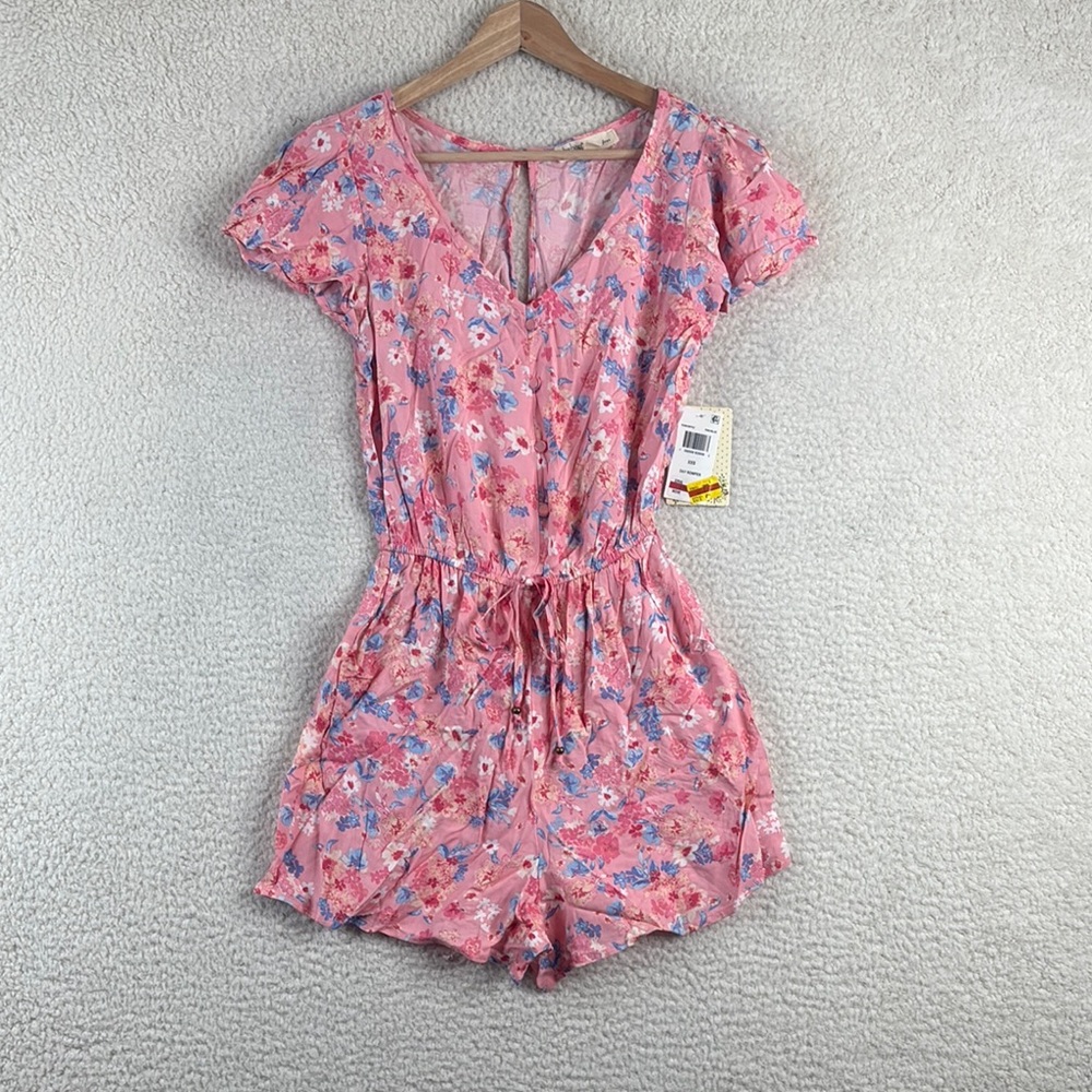 NWT BeBop Womens Pink Blue Floral Short Sleeves Elastic Waist Romper Size XXS